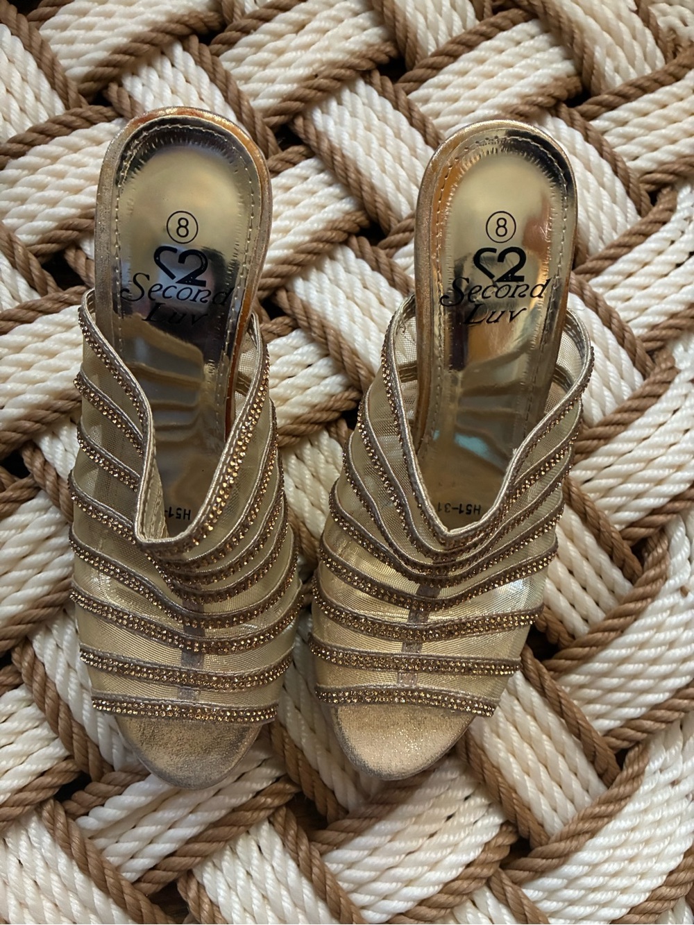 Gold Strappy Slide Heeled Sandals - Women's (slight wear call out in photo)